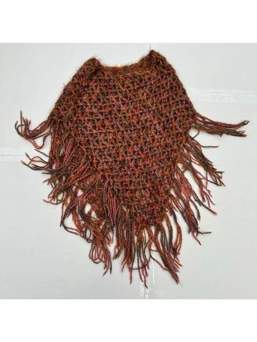 Handmade Crochet Soft Knit Shawl Orange Pink Fringe Boho Indie Festival One Size